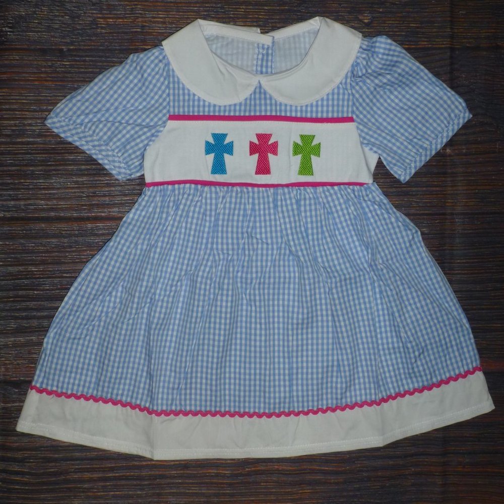 Boutique Embroidered Easter Cross Girls Short Sleeve Blue Gingham Dress